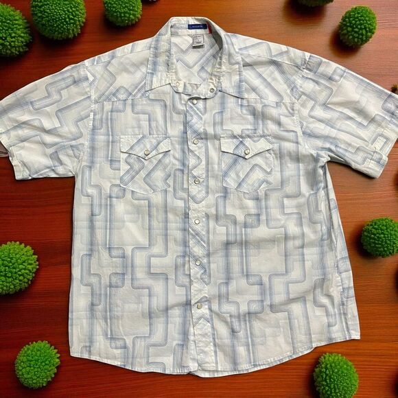 Old Navy Vintage Y2K Pearl Snap Geometric White Blue Button Down Shirt Mens L - Picture 1 of 7